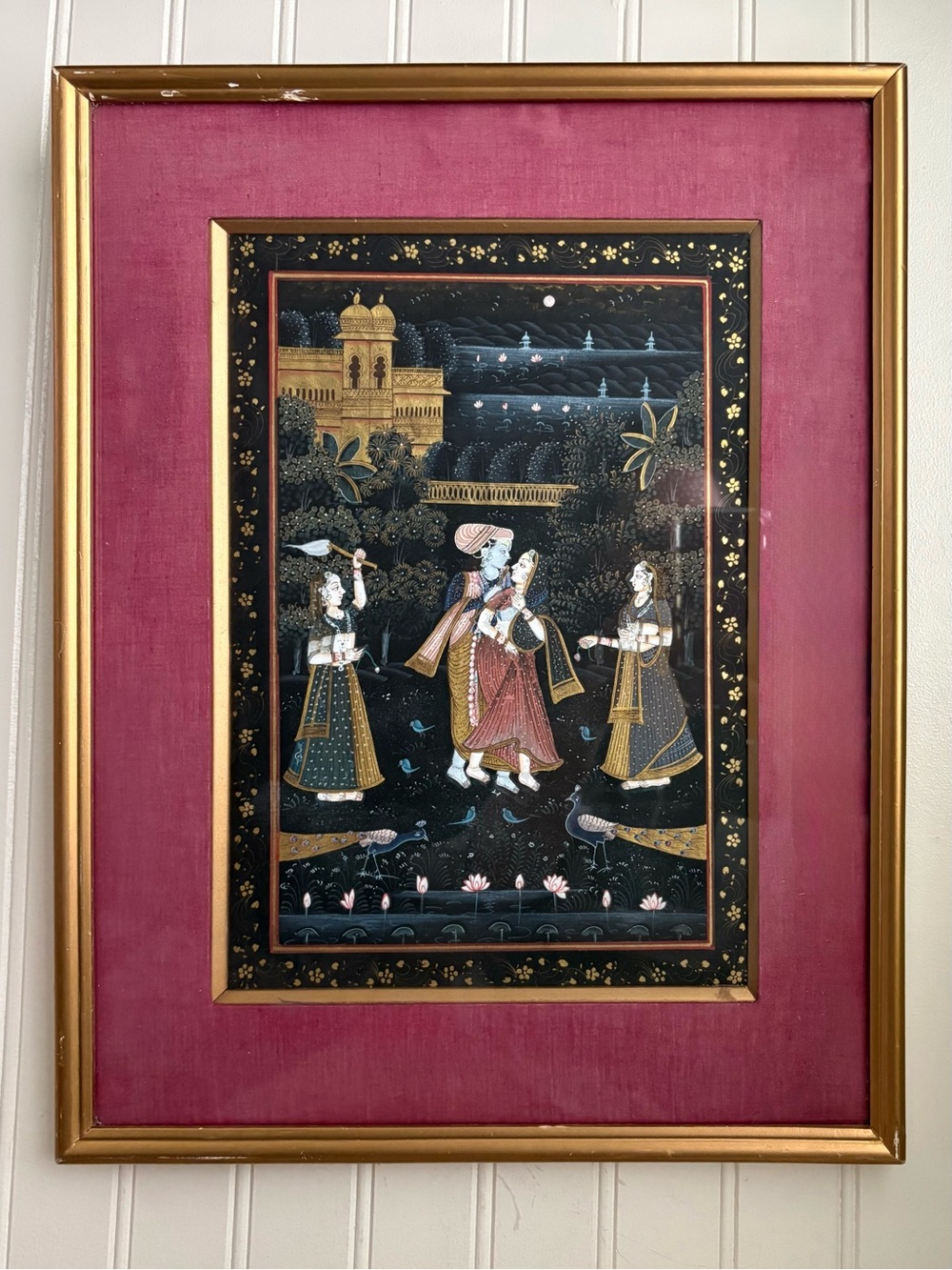 Vintage Mughal Indian Painting Radha & Krishna Love/Romance Real Gold Ink VTG